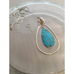 Zuni Turquoise Channel Inlay & Sterling Teardrop In Frame Pendant Necklace JN